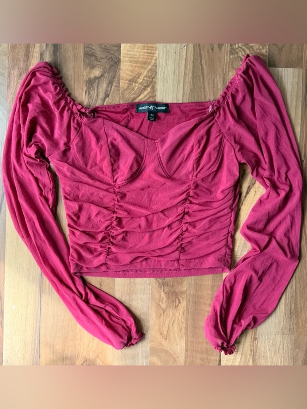 Almost Famous Gathered Long Sleeve Crop Top - Wine